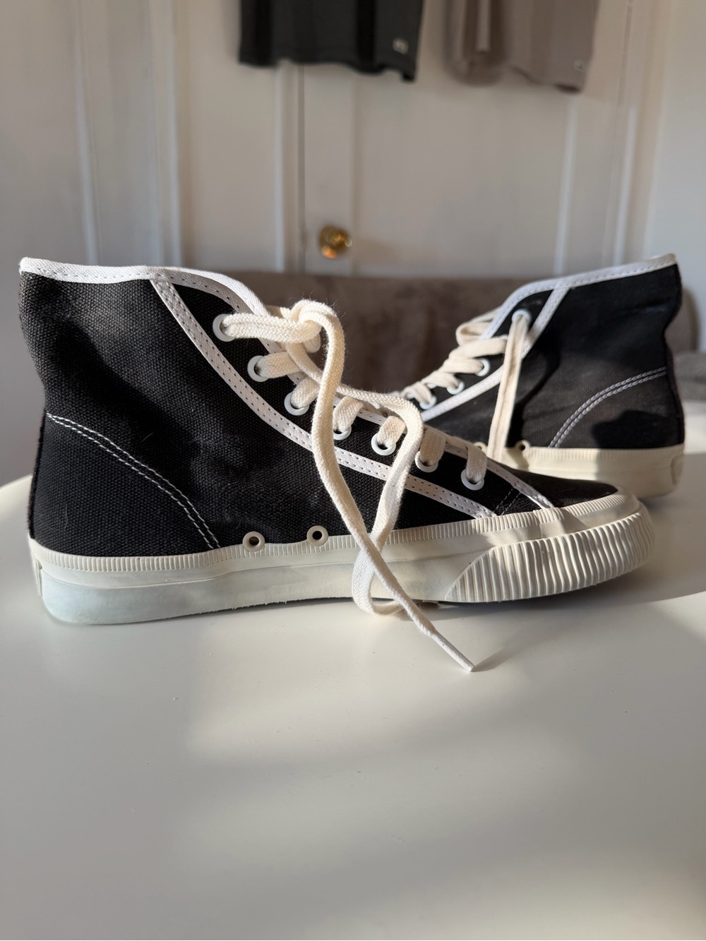 Re/Done Black High-Top Canvas Sneakers with Cream Laces